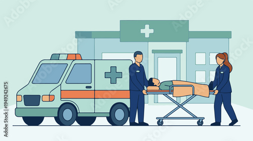 Paramedics rushing patient on stretcher into hospital by ambulance