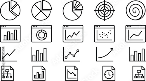 Analytics and data visualization outline icons set including charts, graphs, reports and statistics symbols, clean vector collection for business and dashboard design