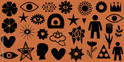 Abstract floral and symbolic shapes arranged on a terracotta background
