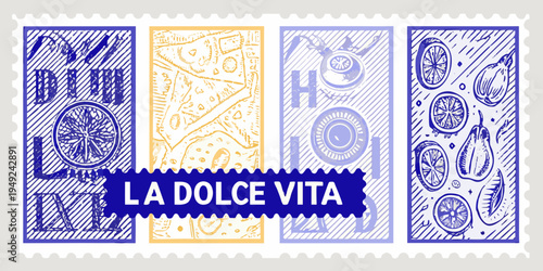 Vintage style postage stamps depict citrus fruits and bicycle wheels