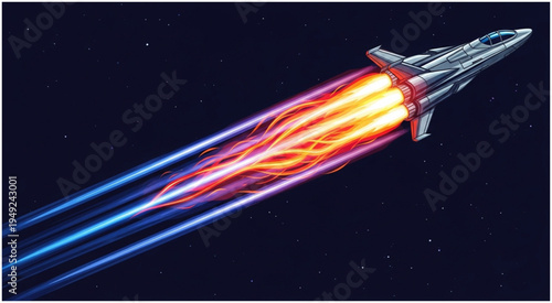 Futuristic spaceship soaring through space with vibrant engine flames.
