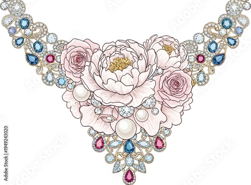 A beautiful necklace with pink flowers and colorful gemstones on a white background