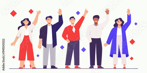 Diverse group of people celebrating success with raised arms