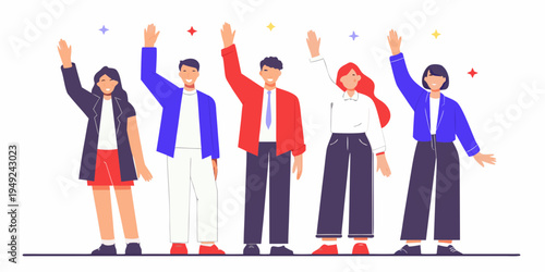 Diverse group of people celebrating with arms raised in the air