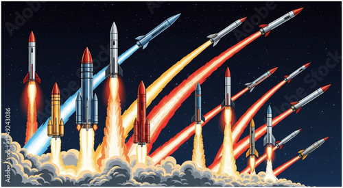 Rockets Launching into Space - A Colorful Display of Technological Advancement.