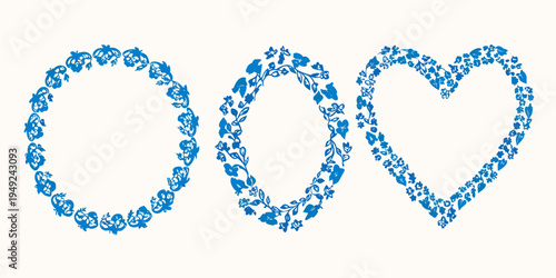 Three floral frames shaped like an oval diamond and heart