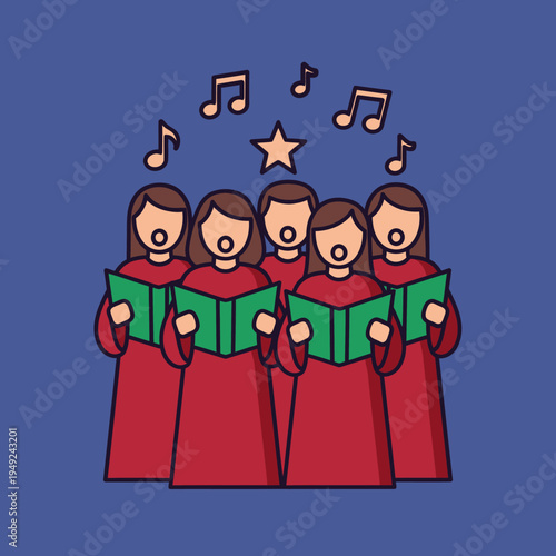 A choir of five people singing and holding a hymn book, with musical notes around them
