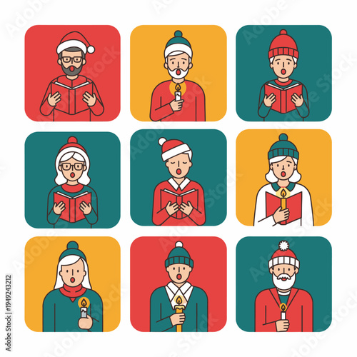 Nine individuals in winter attire, each holding a candle and a book, possibly caroling or reading together