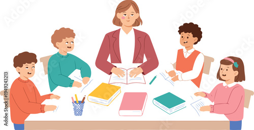 Cheerful classroom vector illustration of teacher and children sitting around table, engaged study group and collaborative learning scene