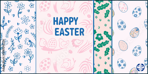 A colorful easter pattern background with floral and egg designs