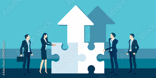 Business team collaborating to complete a growth puzzle together