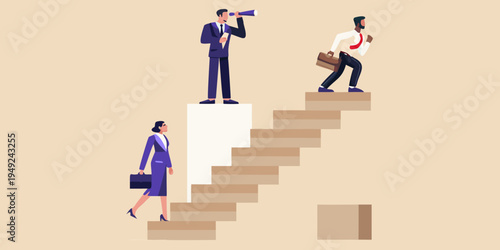 Business professionals ascending stairs one looking through a telescope