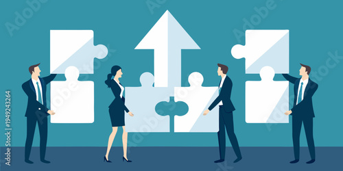 Business professionals connecting puzzle pieces to form an upward pointing arrow