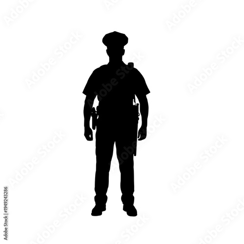Silhouette of a standing American police officer, front view, isolated - vector illustration