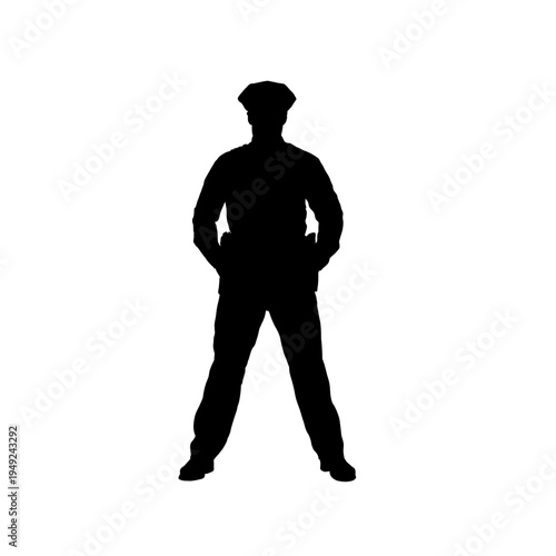Silhouette of a standing American police officer, front view, isolated - vector illustration