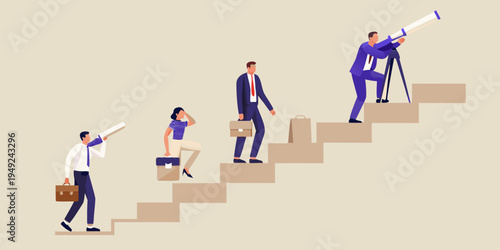 Business people climbing stairs using telescopes and seeking future opportunities