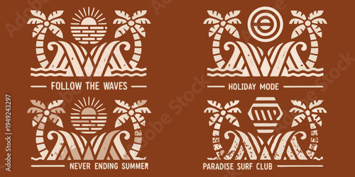 Vintage style tropical illustration featuring palm trees waves and sun