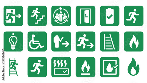 Vector Icons Green and White Emergency Exit and Safety Signs, evacuation and safety guidance symbols, vector illustration, EPS editable, modern icons for workplace