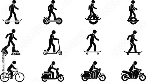 Black vector pictograms of people using various urban transport including bicycle scooter motorcycle skateboard and electric unicycle isolated on white background