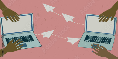 Two laptops communicating with paper airplanes on a pink background