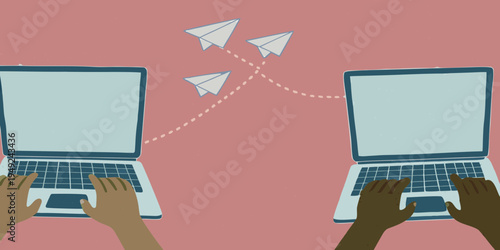 Two laptops communicating with paper airplanes on a pink background