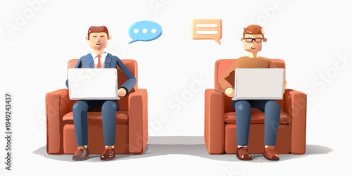 Two businessmen with laptops sitting in armchairs communicating digitally