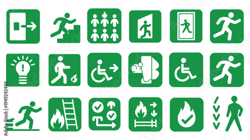 Vector Icons Green and White Emergency Exit and Safety Signs, evacuation and safety guidance symbols, vector illustration, EPS editable, modern icons for workplace