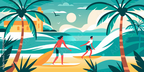 Tropical beach scene featuring two surfers and a vibrant illustrated landscape