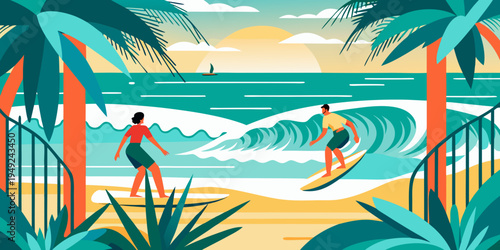 Surfers riding waves under a vibrant sunset with palm trees