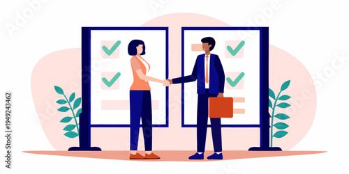 Business professionals completing a deal with a firm handshake and positive results