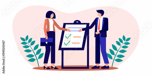 Business professionals completing a deal with a checklist and handshake