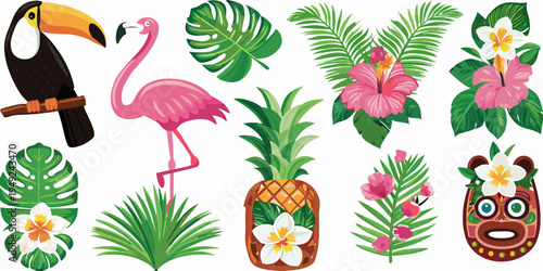 Tropical birds flowers and foliage create a vibrant island scene