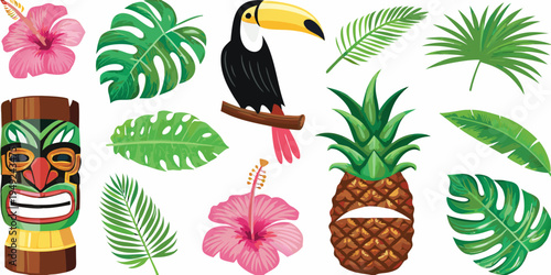 A vibrant collection of tropical flowers a toucan and tiki decorations