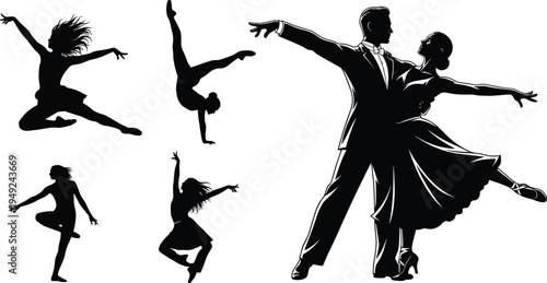 Collection of black silhouettes featuring ballroom dancing couple and solo female dancers in graceful poses isolated on white background for vector