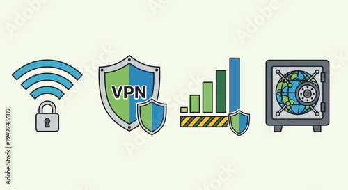 VPN Security Icons and Server Illustration.