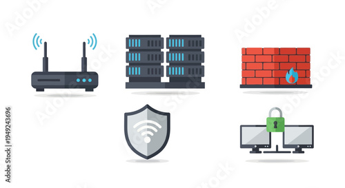 Router Server Firewall Security Protection Icons.