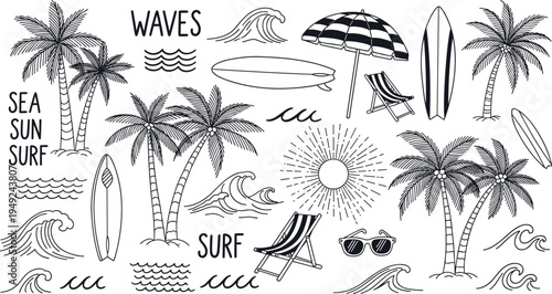 Sea sun surf beach collection with palm trees ocean waves surfboards and deck chair in cad drawing flat vector illustration.