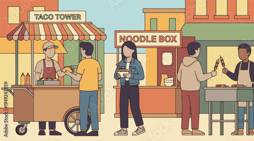 Street food vendors and customers at an outdoor market scene