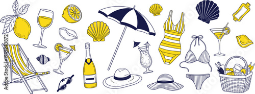 Summer beach vacation collection with picnic basket swimwear umbrella and cocktails in cad drawing flat vector illustration isolated on white.