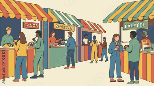 Diverse people enjoying street food at a lively outdoor market