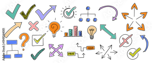 Brightly colored icons show thinking and decision-making. Arrows, checkmarks, and lightbulbs express ideas and progress. Graphs and flowcharts hint at strategy or growth. Symbols convey clarity