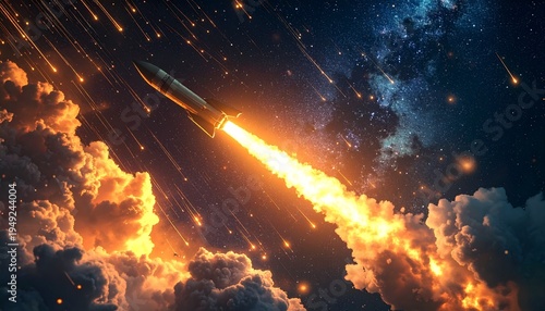 Fiery Rocket Launch Through Clouds into the Starry Sky.
