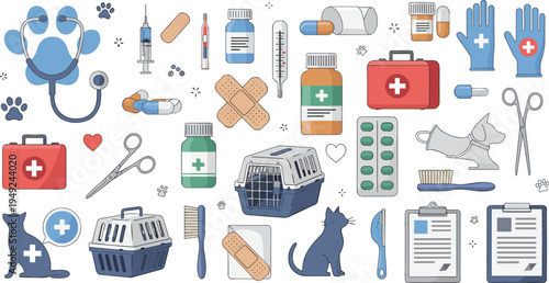 Veterinary Clinic and Pet Medical Care Icon Collection with Stethoscope, Syringe, Medicine, Carrier, Bandage and First Aid Vector Illustration Set.