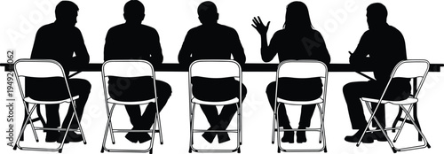 Black silhouette of five people sitting at a long table during a business meeting, discussion, or conference, isolated on white background,