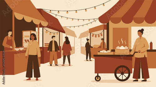 People enjoying shopping and eating at a lively outdoor street food market