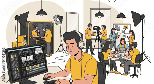 Young man editing video on computer wearing headphones.