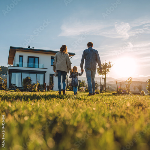 Rear view of a happy family walking hand in hand towards their new modern house, representing real estate dreams and future planning.