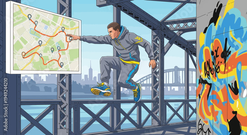 Young man parkour athlete planning route on map.