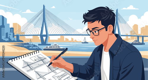 Young man wearing glasses sketching a blueprint on a notepad.