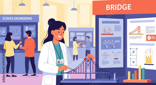 Young female scientist proudly presenting bridge engineering project.